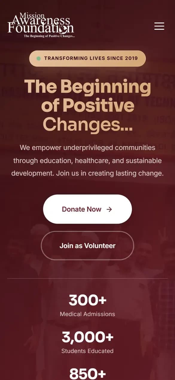 Mission Awareness Foundation home page on mobile