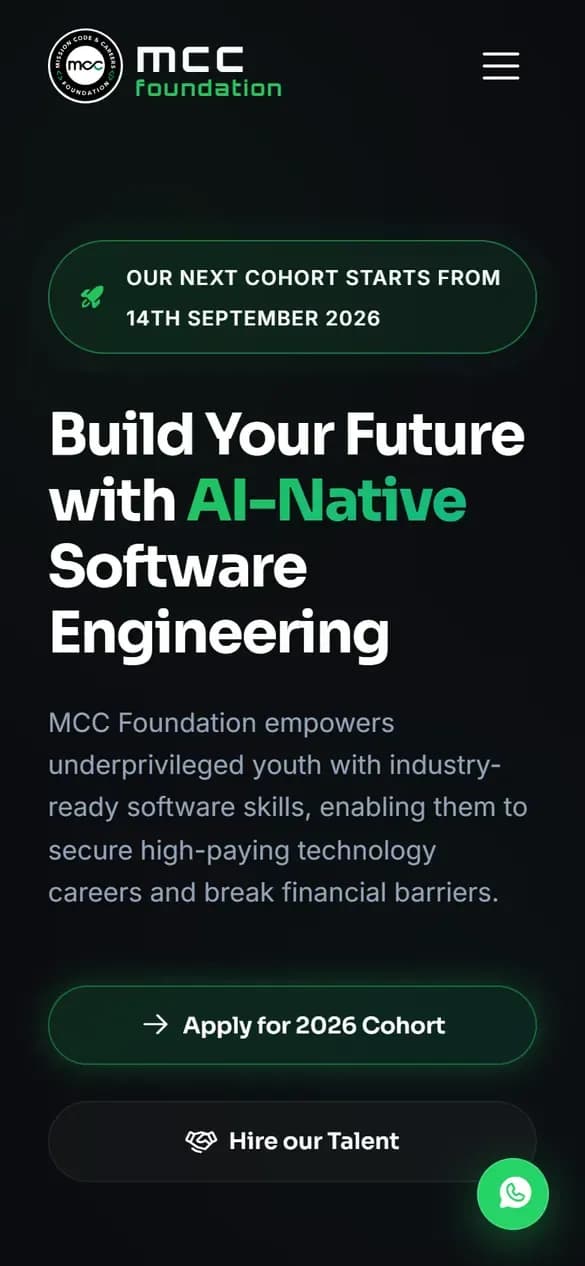 MCC Foundation — Mission Code home page on mobile